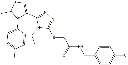 N-[(4-chlorophenyl)methyl]-2-[[4-ethyl-5-[5-methyl-4-(4-methylphenyl)thiophen-3-yl]-1,2,4-triazol-3-yl]sulfanyl]acetamide,,结构式