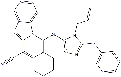 11-[(5-benzyl-4-prop-2-enyl-1,2,4-triazol-3-yl)sulfanyl]-7,8,9,10-tetrahydrobenzimidazolo[1,2-b]isoquinoline-6-carbonitrile,,结构式