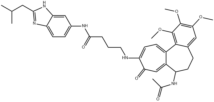4-[(7-acetamido-1,2,3-trimethoxy-9-oxo-6,7-dihydro-5H-benzo[a]heptalen-10-yl)amino]-N-[2-(2-methylpropyl)-3H-benzimidazol-5-yl]butanamide Struktur