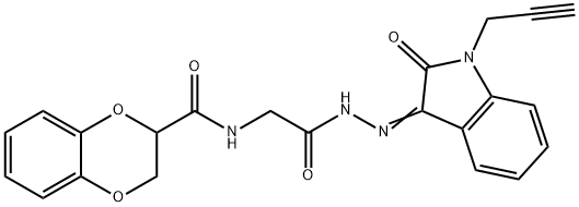 N-[2-oxo-2-[(2Z)-2-(2-oxo-1-prop-2-ynylindol-3-ylidene)hydrazinyl]ethyl]-2,3-dihydro-1,4-benzodioxine-3-carboxamide Structure