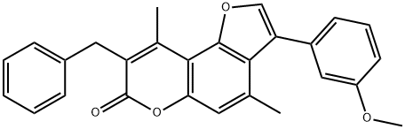 8-benzyl-3-(3-methoxyphenyl)-4,9-dimethylfuro[2,3-f]chromen-7-one 化学構造式