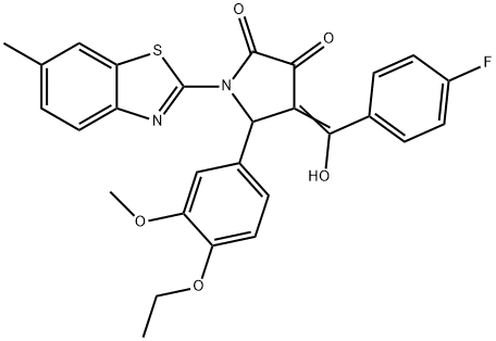 (4E)-5-(4-ethoxy-3-methoxyphenyl)-4-[(4-fluorophenyl)-hydroxymethylidene]-1-(6-methyl-1,3-benzothiazol-2-yl)pyrrolidine-2,3-dione 化学構造式