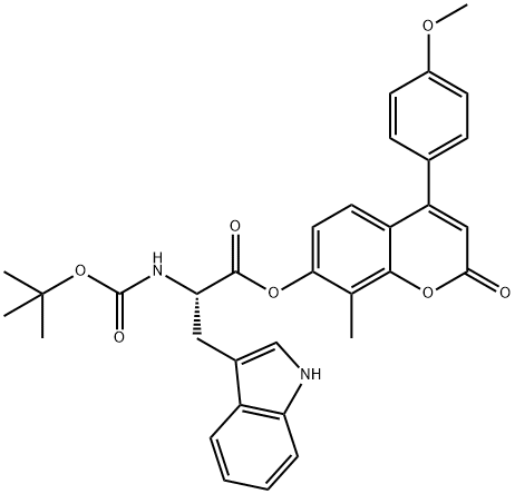 [4-(4-methoxyphenyl)-8-methyl-2-oxochromen-7-yl] (2S)-3-(1H-indol-3-yl)-2-[(2-methylpropan-2-yl)oxycarbonylamino]propanoate Struktur