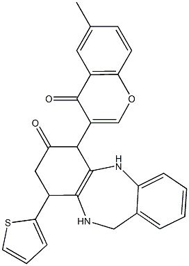 6-(6-methyl-4-oxochromen-3-yl)-9-thiophen-2-yl-5,6,8,9,10,11-hexahydrobenzo[b][1,4]benzodiazepin-7-one Struktur