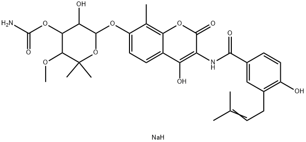 sodium 4-[[7-(4-carbamoyloxy-3-hydroxy-5-methoxy-6,6-dimethyloxan-2-yl)oxy-4-hydroxy-8-methyl-2-oxochromen-3-yl]carbamoyl]-2-(3-methylbut-2-enyl)phenolate Structure