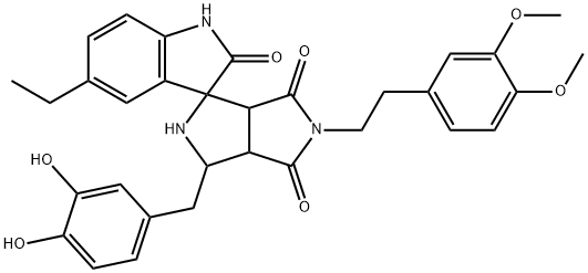 1-[(3,4-dihydroxyphenyl)methyl]-5-[2-(3,4-dimethoxyphenyl)ethyl]-5'-ethylspiro[1,2,3a,6a-tetrahydropyrrolo[3,4-c]pyrrole-3,3'-1H-indole]-2',4,6-trione Struktur