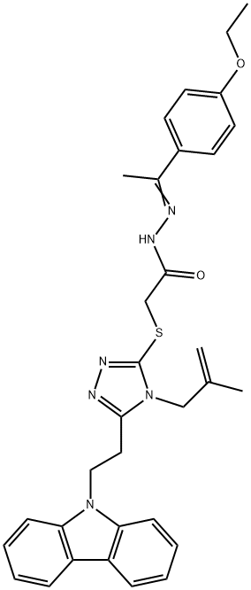 2-[[5-(2-carbazol-9-ylethyl)-4-(2-methylprop-2-enyl)-1,2,4-triazol-3-yl]sulfanyl]-N-[(E)-1-(4-ethoxyphenyl)ethylideneamino]acetamide Struktur