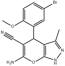 6-amino-4-(5-bromo-2-methoxyphenyl)-3-methyl-2,4-dihydropyrano[2,3-c]pyrazole-5-carbonitrile Struktur