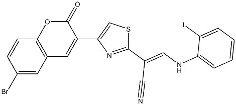 (E)-2-[4-(6-bromo-2-oxochromen-3-yl)-1,3-thiazol-2-yl]-3-(2-iodoanilino)prop-2-enenitrile Structure