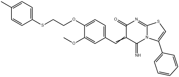 (6E)-5-imino-6-[[3-methoxy-4-[2-(4-methylphenyl)sulfanylethoxy]phenyl]methylidene]-3-phenyl-[1,3]thiazolo[3,2-a]pyrimidin-7-one Structure