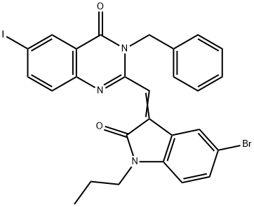 3-benzyl-2-[(Z)-(5-bromo-2-oxo-1-propylindol-3-ylidene)methyl]-6-iodoquinazolin-4-one Structure