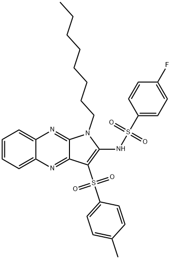 4-fluoro-N-[3-(4-methylphenyl)sulfonyl-1-octylpyrrolo[3,2-b]quinoxalin-2-yl]benzenesulfonamide 结构式