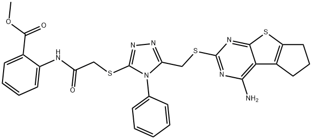 methyl 2-[[2-[[5-[(1-amino-7,8-dihydro-6H-cyclopenta[4,5]thieno[1,2-c]pyrimidin-3-yl)sulfanylmethyl]-4-phenyl-1,2,4-triazol-3-yl]sulfanyl]acetyl]amino]benzoate Struktur