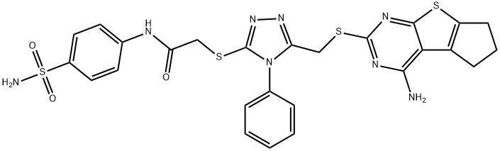 2-[[5-[(1-amino-7,8-dihydro-6H-cyclopenta[4,5]thieno[1,2-c]pyrimidin-3-yl)sulfanylmethyl]-4-phenyl-1,2,4-triazol-3-yl]sulfanyl]-N-(4-sulfamoylphenyl)acetamide Struktur