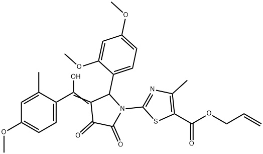 prop-2-enyl 2-[(3E)-2-(2,4-dimethoxyphenyl)-3-[hydroxy-(4-methoxy-2-methylphenyl)methylidene]-4,5-dioxopyrrolidin-1-yl]-4-methyl-1,3-thiazole-5-carboxylate Struktur