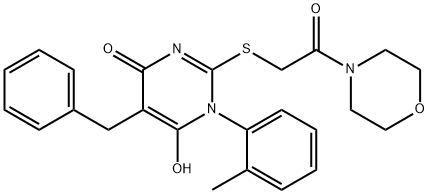 5-benzyl-6-hydroxy-1-(2-methylphenyl)-2-(2-morpholin-4-yl-2-oxoethyl)sulfanylpyrimidin-4-one Struktur