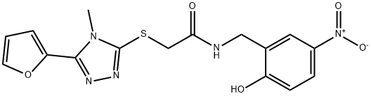 2-[[5-(furan-2-yl)-4-methyl-1,2,4-triazol-3-yl]sulfanyl]-N-[(2-hydroxy-5-nitrophenyl)methyl]acetamide Struktur