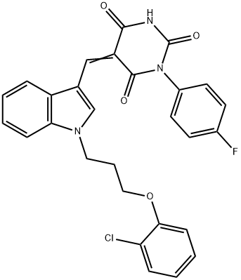 (5Z)-5-[[1-[3-(2-chlorophenoxy)propyl]indol-3-yl]methylidene]-1-(4-fluorophenyl)-1,3-diazinane-2,4,6-trione Structure