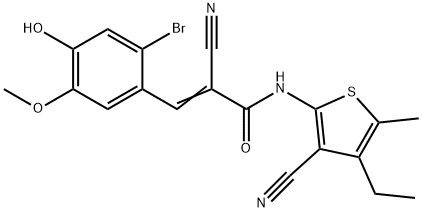 (E)-3-(2-bromo-4-hydroxy-5-methoxyphenyl)-2-cyano-N-(3-cyano-4-ethyl-5-methylthiophen-2-yl)prop-2-enamide Structure