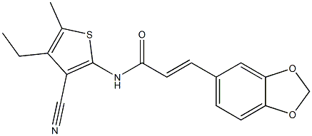 (E)-3-(1,3-benzodioxol-5-yl)-N-(3-cyano-4-ethyl-5-methylthiophen-2-yl)prop-2-enamide,,结构式