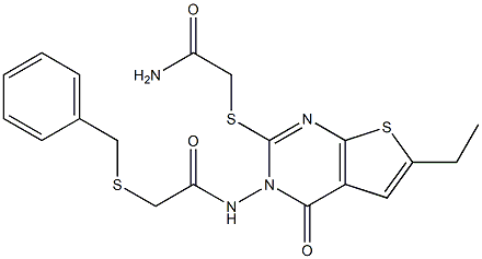 2-[3-[(2-benzylsulfanylacetyl)amino]-6-ethyl-4-oxothieno[2,3-d]pyrimidin-2-yl]sulfanylacetamide,,结构式