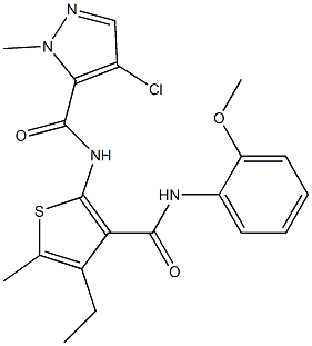 4-chloro-N-[4-ethyl-3-[(2-methoxyphenyl)carbamoyl]-5-methylthiophen-2-yl]-2-methylpyrazole-3-carboxamide Structure