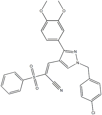 (E)-2-(benzenesulfonyl)-3-[1-[(4-chlorophenyl)methyl]-3-(3,4-dimethoxyphenyl)pyrazol-4-yl]prop-2-enenitrile Structure