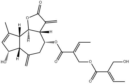 (E)-2-Hydroxymethyl-2-butenoic acid (E)-2-[[[(3aR)-2,3,3aβ,4,5,6,6aβ,7,9aβ,9bα-decahydro-7α-hydroxy-9-methyl-3,6-bismethylene-2-oxoazuleno[4,5-b]furan-4α-yl]oxy]carbonyl]-2-butenyl ester Struktur