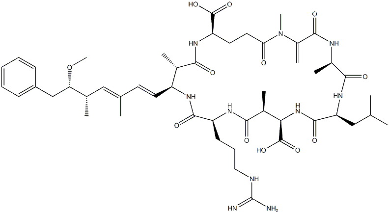 シクロ[D-Ala-L-Leu-[(3S)-3-メチル-D-βAsp-]-L-Arg-[(2S,3S)-2-メチル-3-[(1E,3E,5S,6S)-3,5-ジメチル-6-メトキシ-7-フェニル-1,3-ヘプタジエン-1-イル]-βAla-]-D-γGlu-N-メチル-Dha-] 化学構造式