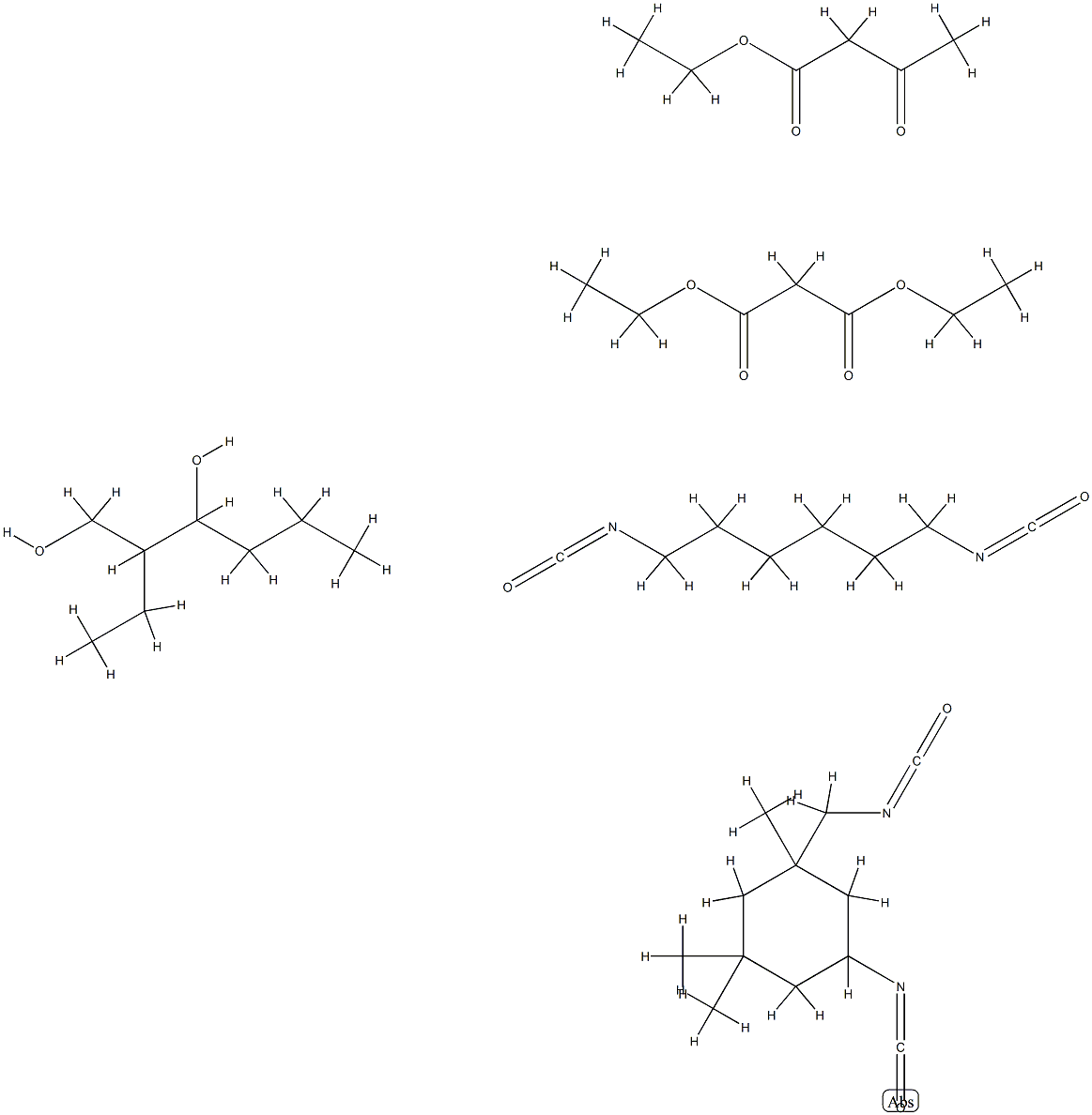 Propanedioic acid, diethyl ester, reaction products with 1,6-diisocyanatohexane homopolymer, ethyl acetoacetate, 2-ethyl-1,3-hexanediol and 5-isocyanato-1-(isocyanatomethyl) -1,3,3-trimethylcyclohexane homopolymer|