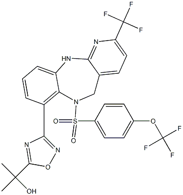 2-[3-[6-[4-(TRIFLUOROMETHOXY)PHENYL]SULFONYL-2-(TRIFLUOROMETHYL)-5,11-DIHYDROPYRIDO[3,2-C][1,5]BENZODIAZEPIN-7-YL]-1,2,4-OXADIAZOL-5-YL]PROPAN-2-OL 结构式