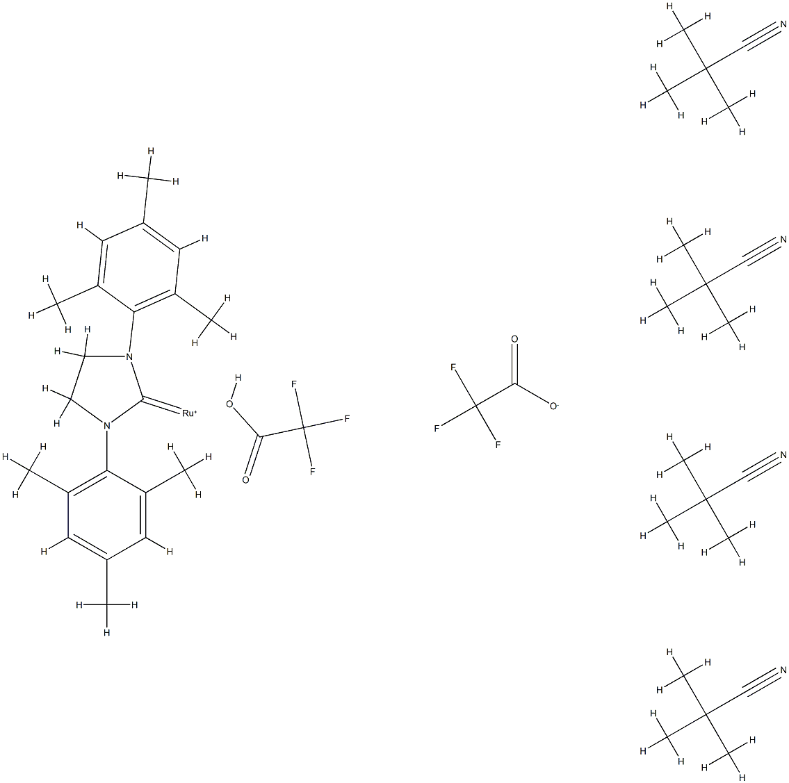 Trifluoroacetato[4,5-dihydro-1,3-bis(2,4,6-trimethylphenyl)imidazol-2-ylidene]<br />tetra(2,2-dimethylpropanenitrile)ruthenium(II) trifluoroacetate Structure
