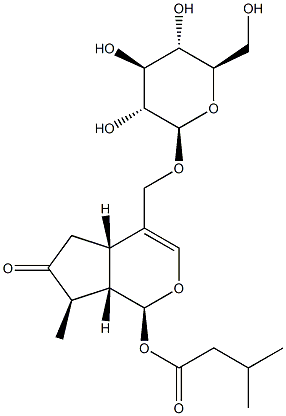 (-)-3-メチルブタン酸(1S)-4-[(β-D-グルコピラノシルオキシ)メチル]-1,4aα,5,6,7,7aα-ヘキサヒドロ-7α-メチル-6-オキソシクロペンタ[c]ピラン-1α-イル 化学構造式