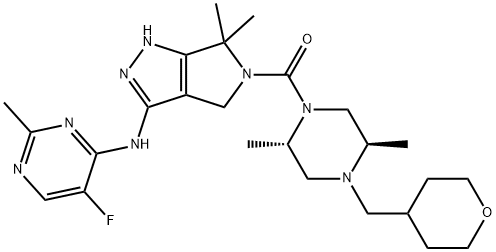 [(2S,5R)-2,5-二甲基-4-[(四氢-2H-吡喃-4-基)甲基]-1-哌嗪基][3-[(5-氟-2-甲基-4-嘧啶基)氨基]-4,6-二氢-6,6-二甲基吡咯并[3,4-C]吡唑-5(1H)-基]甲酮, 1046787-18-1, 结构式