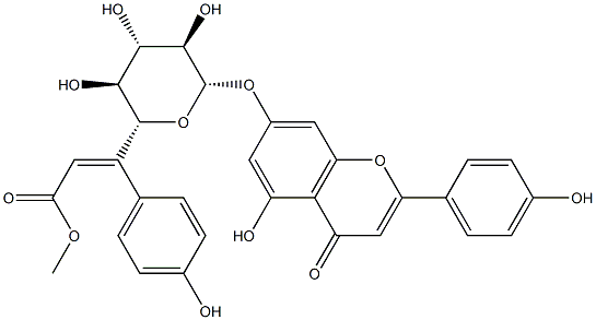 7-[6-O-(4-ヒドロキシシンナモイル)-β-D-グルコピラノシルオキシ]-5-ヒドロキシ-2-(4-ヒドロキシフェニル)-4H-1-ベンゾピラン-4-オン 化学構造式