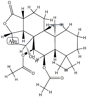 (3R,3aα,5aα,9aβ,11aα,12R)-3β,3bβ-(Epoxymethano)-4α,5α,12-trihydroxy-3a,3b,4,5,5a,6,7,8,9,9a,9bα,10,11,11a-tetradecahydro-6,6,9a-trimethylphenanthro[1,2-c]furan-1(3H)-one 4,5-diacetate Struktur