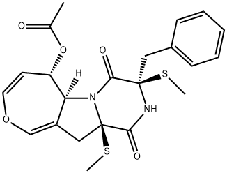 [3R,(-)]-6β-アセチルオキシ-2,3,5aβ,6,11,11a-ヘキサヒドロ-3α,11aα-ビス(メチルチオ)-3-ベンジルオキセピノ[3',4':4,5]ピロロ[1,2-a]ピラジン-1,4-ジオン 化学構造式