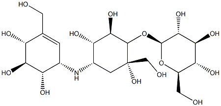 1-O-β-D-Glucopyranosyl-2-C-(hydroxymethyl)-4-[[(1S,4R,5S,6S)-4,5,6-trihydroxy-3-(hydroxymethyl)-2-cyclohexen-1-yl]amino]-3,4-dideoxy-D-epi-inositol Struktur