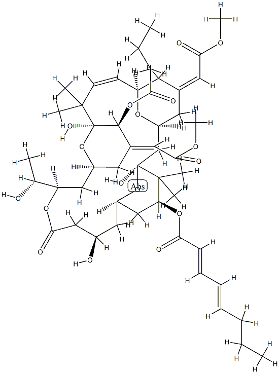 2,4-Octadienoic acid, (1S,3S,5Z,7R,8E,11S,12S,13E,15S,17R,21R,23R,25S)-1,11,21-trihydroxy-17-(1R)-1-hydroxyethyl-5,13-bis(2-methoxy-2-oxoethylidene)-10,10,26,26-tetramethyl-19-oxo-25-(1-oxobutoxy)-18,27,28,29-tetraoxatetracyclo21.3.1.13,7.111,15nonacos-8- Struktur