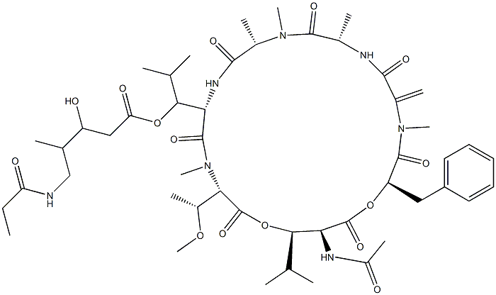 L-Threonine,(3R)-N-acetyl-3-hydroxy-L-leucyl-(aR)-a-hydroxybenzenepropanoyl-2,3-didehydro-N-methylalanyl-L-alanyl-N-methyl-L-alanyl-(3R)-3-[[(2S,3R)-3-hydroxy-4-methyl-1-oxo-2-[(1-oxopropyl)amino]pentyl]oxy]-L-leucyl-N,O-dimethyl-,(7(R)1)-lactone (9CI)|化合物 T27387