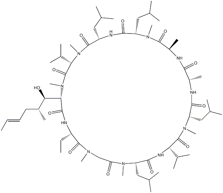 (3R,4R)-3-ヒドロキシ-N-メチル-5-[(E)-1-プロペニル]-シクロ(L-Leu-L-Abu-Sar-N-メチル-L-Leu-L-Val-N-メチル-L-Leu-L-Ala-D-Ala-N-メチル-L-Leu-L-Leu-N-メチル-L-Val-) 化学構造式