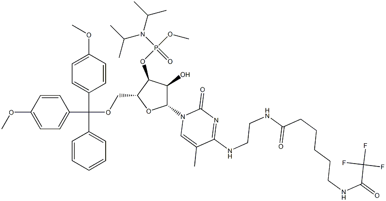 N(4)-(N-(6-trifluoroacetylamidocaproyl)-2-aminoethyl)-5'-O-dimethoxytrityl-5-methyl-2'-deoxycytidine-3'-N,N-diisopropylmethylphosphoramidite Struktur