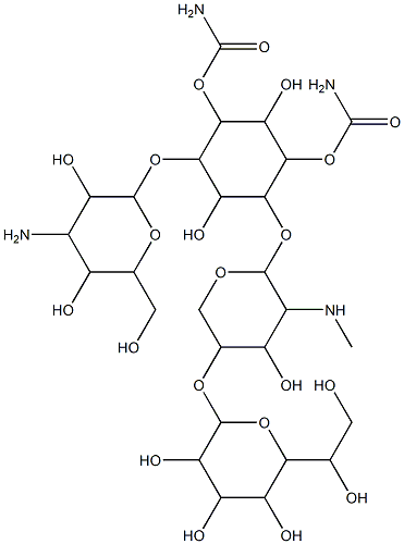 [2-[4-amino-3,5-dihydroxy-6-(hydroxymethyl)oxan-2-yl]oxy-5-carbamoylox y-4-[5-[6-(1,2-dihydroxyethyl)-3,4,5-trihydroxy-oxan-2-yl]oxy-4-hydrox y-3-methylamino-oxan-2-yl]oxy-3,6-dihydroxy-cyclohexyl] carbamate Structure