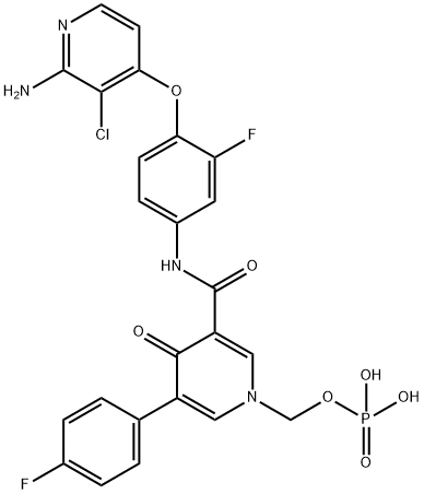 [3-[[4-((2-氨基-3-氯吡啶-4-基)氧基)-3-氟苯基]氨基甲酰基]-5-(4-氟苯基)-4-氧代-4H-吡啶-1-基]甲基磷酸二氢酯, 1174161-69-3, 结构式