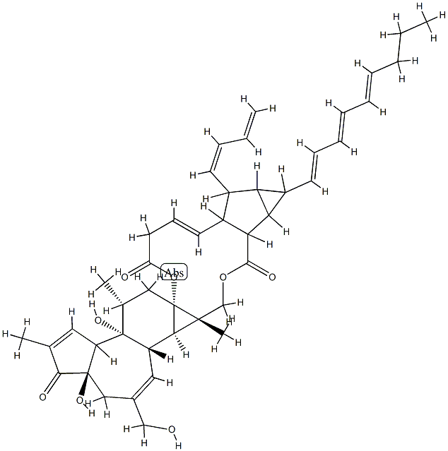 12-deoxy-16-hydroxyphorbol-4'-(12',14'-butadienyl)-6'-(16',18',20'-nonatrienyl)-bicyclo(3.1.0)hexane-(13-O)-2'-(carboxylate)-(16-O)-3'-(8'-butenoic-10')ate Structure