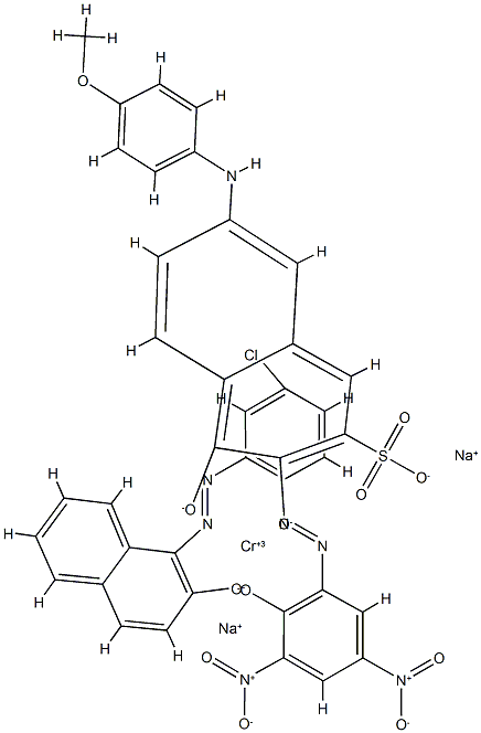 ジナトリウム(6-(4-アニシジノ)-3-スルフォネート-2-(3,5-ジニトロ-2-オキシドフェニルアゾ)-1-ナフトラート)(1-(5-クロロ-2-オキシドフェニルアゾ)-2-ナフトラート)クロメート(1-)
Disodium (6-(4-anisidino)-3-sulfonato-2-(3,5-dinitro-2-oxidophenylazo)-1-naphtholato)(1-(5-chloro-2-oxidophenylazo)-2-naphtholato)chromate(1-) 化学構造式