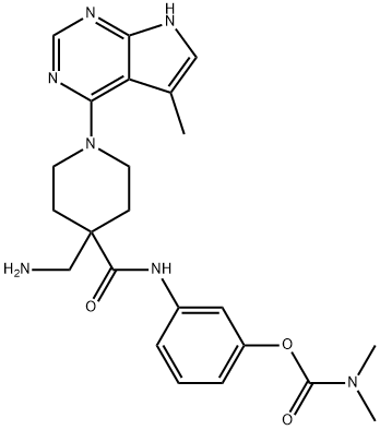 3-(4-(aMinoMethyl)-1-(5-Methyl-7H-pyrrolo[2,3-d]pyriMidin-4-yl)piperidine-4-carboxaMido)phenyl diMethylcarbaMate 化学構造式