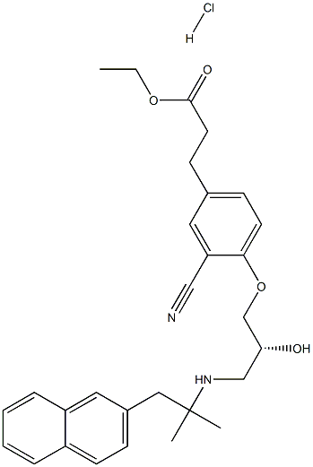 Benzenepropanoic acid, 3-cyano-4-[(2R)-3-[[1,1-diMethyl-2-(2-naphthalenyl)ethyl]aMino]-2-hydroxypropoxy]-, ethyl ester, (Hydrochloride) (1:1) Structure