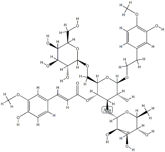(2R,3R,4R,5R,6R)-5-ヒドロキシ-6-[2-(3-ヒドロキシ-4-メトキシフェニル)エトキシ]-2-({[(2R,3R,4S,5R,6R)-3,4,5-トリヒドロキシ-6-(ヒドロキシメチル)オキサン-2-イル]オキシ}メチル)-4-{[(2S,3R,4R,5R,6S)-3,4,5-トリヒドロキシ-6-メチルオキサン-2-イル]オキシ}オキサン-3-イル (2E)-3-(4-ヒドロキシ-3-メトキシフェニル)プロパ-2-エノアート 化学構造式