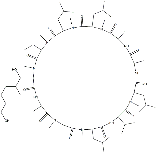 33-(1,6-dihydroxy-2-methyl-hexyl)-30-ethyl-1,4,7,10,12,15,19,25,28-non amethyl-6,9,18,24-tetrakis(2-methylpropyl)-3,21-dipropan-2-yl-1,4,7,10 ,13,16,19,22,25,28,31-undecazacyclotritriacontane-2,5,8,11,14,17,20,23 ,26,29,32-undecone Struktur